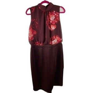 New York &Company Size 12 Petite Womens Dress Burgundy Floral Open Back Zip